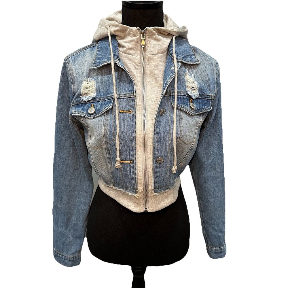 Love Tree Denim Jeans Cropped Jacket Girls Medium Full Zip & Button Gray Lining - Picture 3 of 10